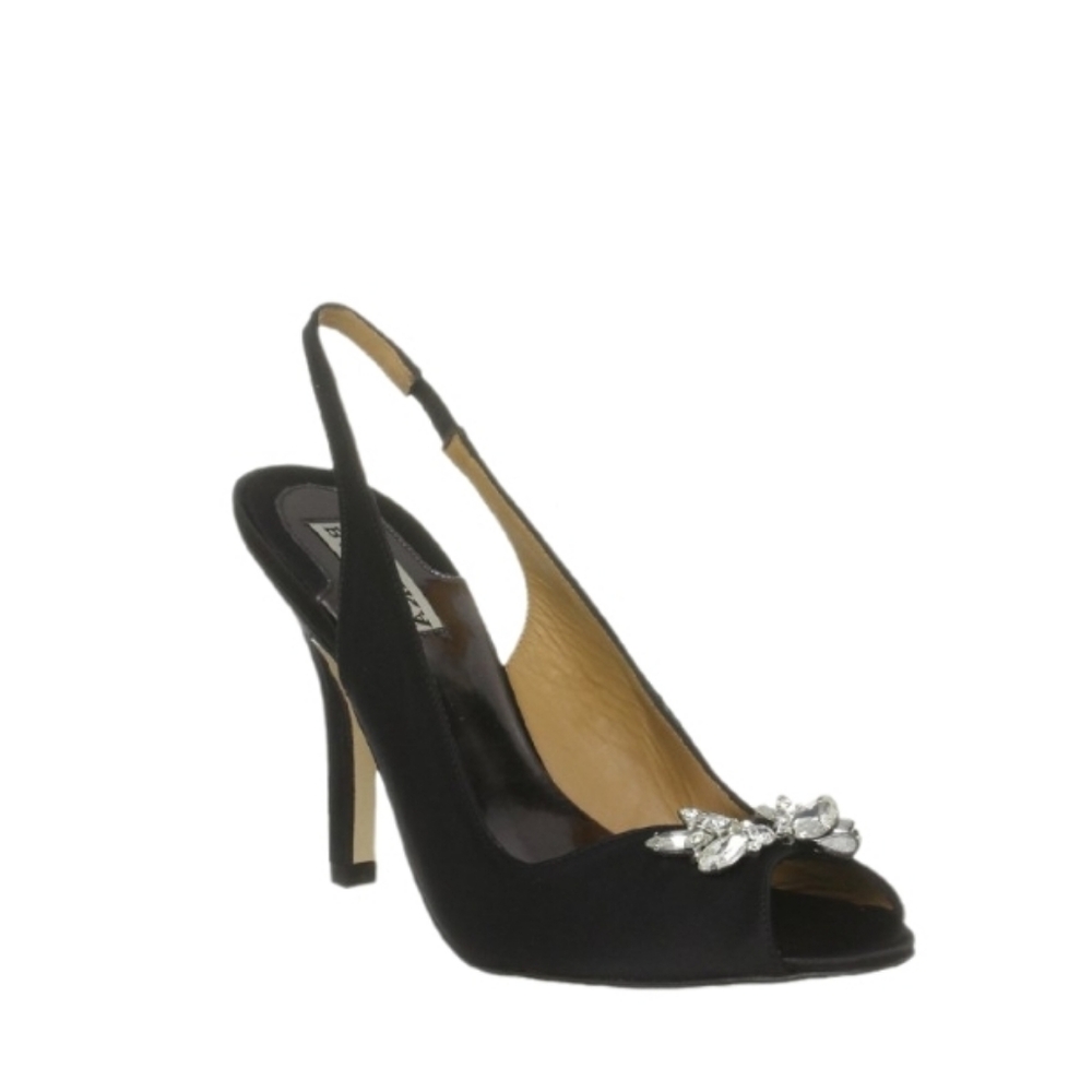 BADGLEY MISCHKA Open-Toe Satin Evening Pumps, Sz 8.5, Retail $225